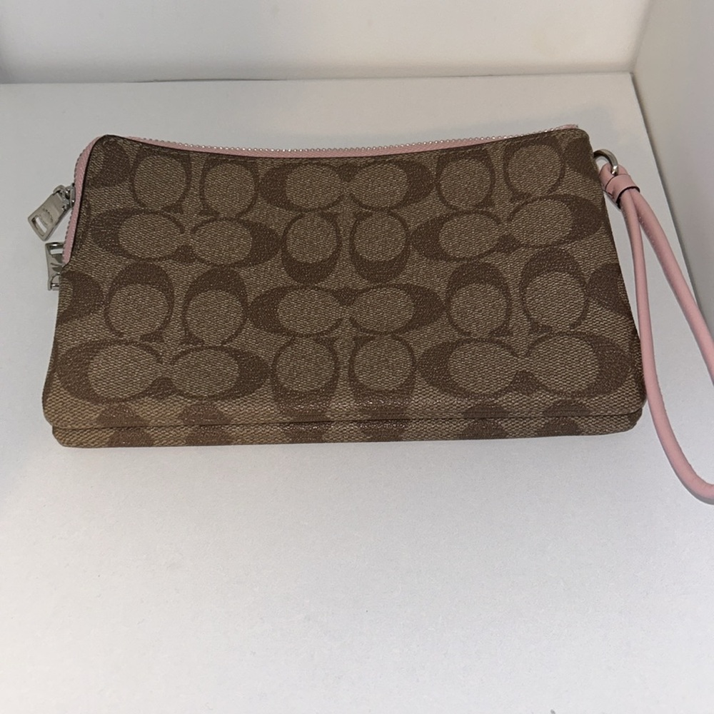 Coach Double Zip Wallet Pink And Brown Wristlet - Picture 2 of 6